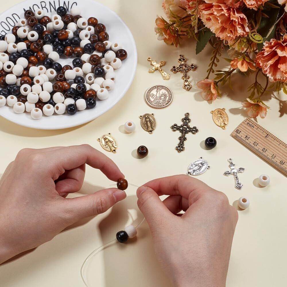 6489 About 348 Pcs Rosary Jewelry Making Kit, Including Wood Round Beads - Picture 3 of 5